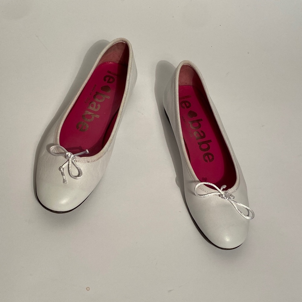 LE BABE White LEATHER MINIMAL Ballet Flats w Bow, Made in ITALY! Size 39, 8